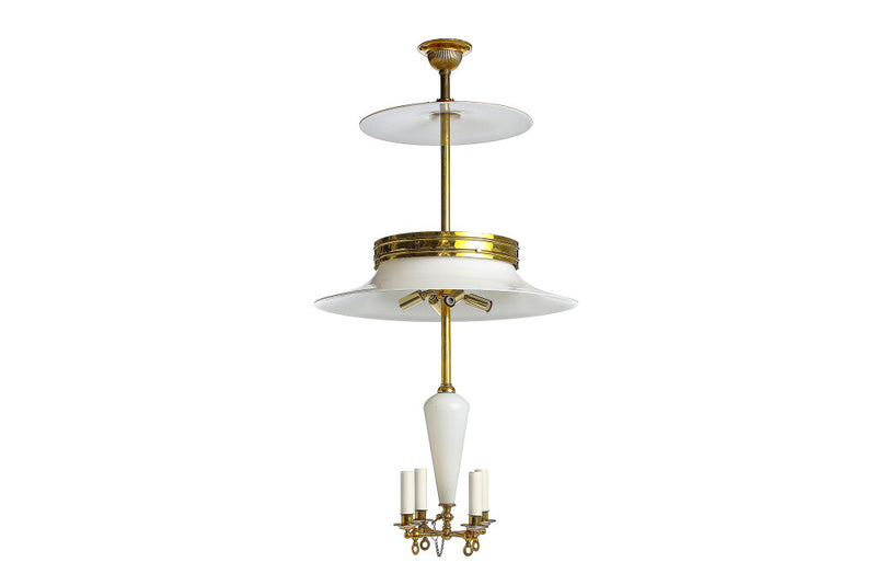 White Opaline And Polished Brass Four Candle Eight Light Gasolie