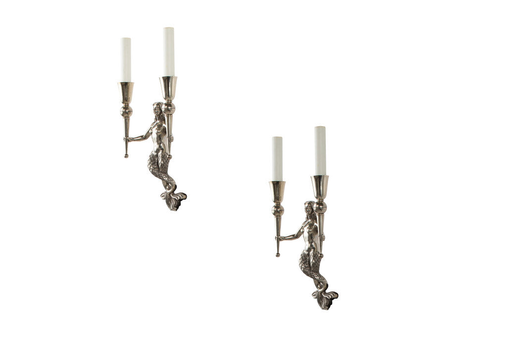 Nickeled Bronze Mermaid Motif Art Deco Two Light Sconces, France Default