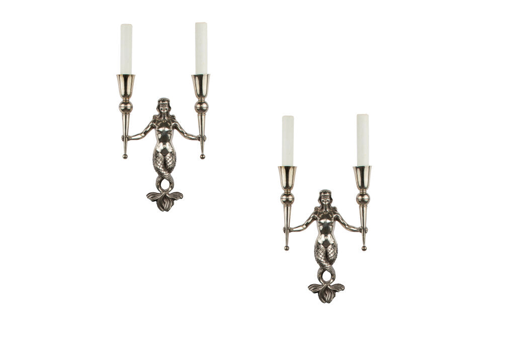 Nickeled Bronze Mermaid Motif Art Deco Two Light Sconces, France Default