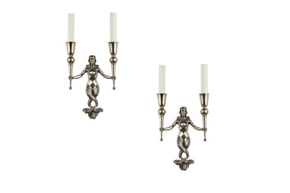 Nickeled Bronze Mermaid Motif Art Deco Two Light Sconces, France Default