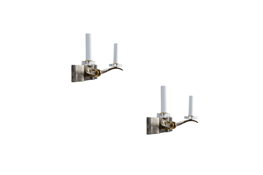 Gunmetal, Brass And Glass Art Deco  Two Light  Sconces, France 2 Default