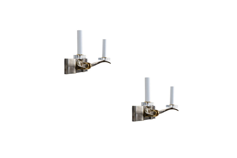 Gunmetal, Brass And Glass Art Deco  Two Light  Sconces, France 2