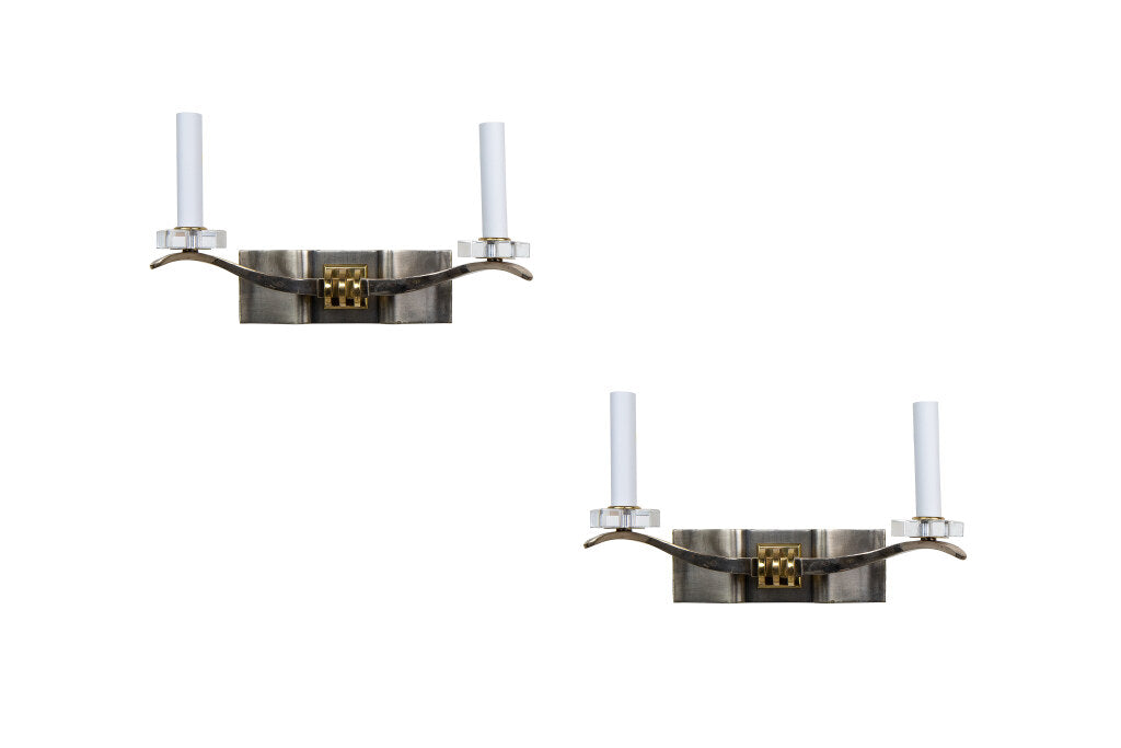 Gunmetal, Brass And Glass Art Deco  Two Light  Sconces, France 2 Default