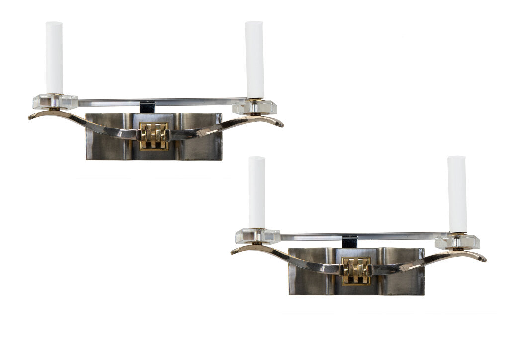 Gunmetal, Brass And Glass Art Deco  Two Light  Sconces, France 2 Default