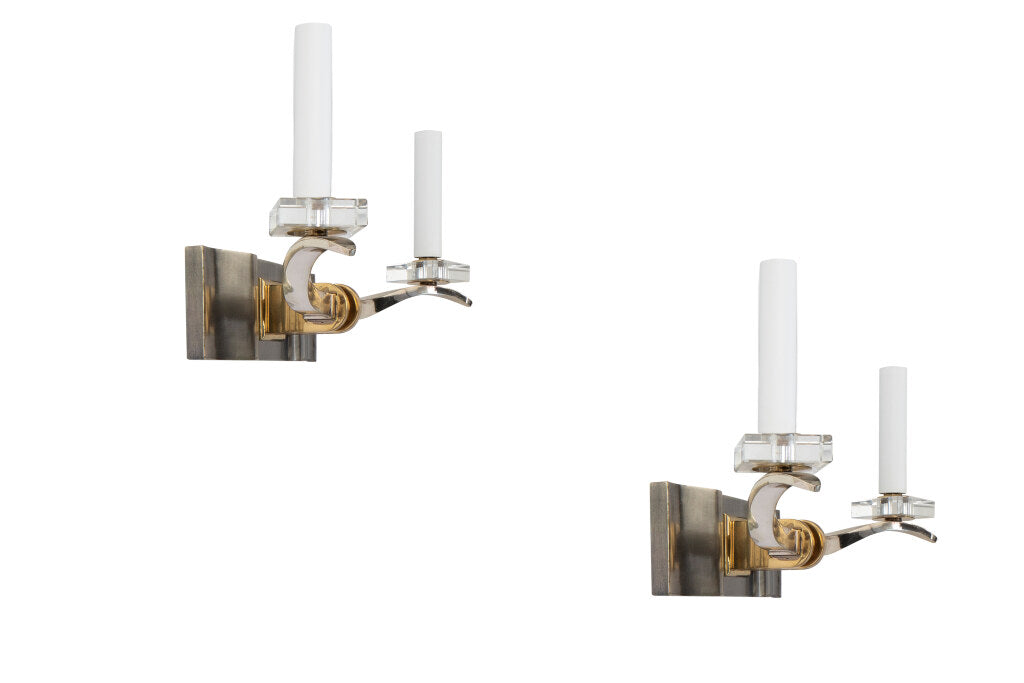 Gunmetal, Brass And Glass Art Deco  Two Light  Sconces, France 2 Default