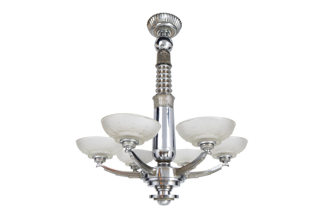 Nickeled Bronze And Molded Glass  Art Deco Chandelier  By "LELEU Default