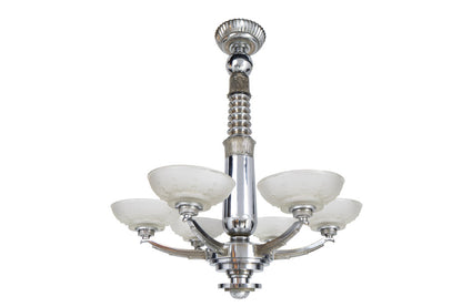 Nickeled Bronze And Molded Glass  Art Deco Chandelier  By "LELEU Default