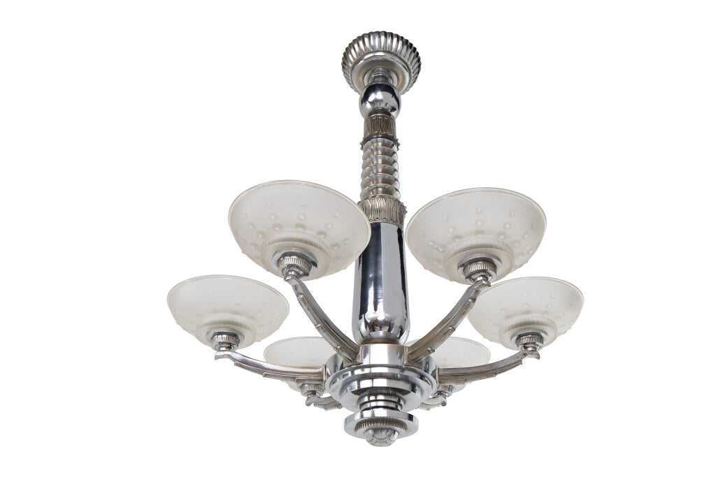 Nickeled Bronze And Molded Glass  Art Deco Chandelier  By "LELEU Default