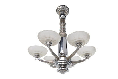 Nickeled Bronze And Molded Glass  Art Deco Chandelier  By "LELEU Default