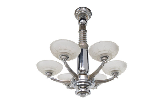 Nickeled Bronze And Molded Glass  Art Deco Chandelier  By "LELEU Default
