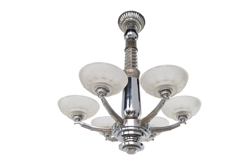 Nickeled Bronze And Molded Glass  Art Deco Chandelier  By 