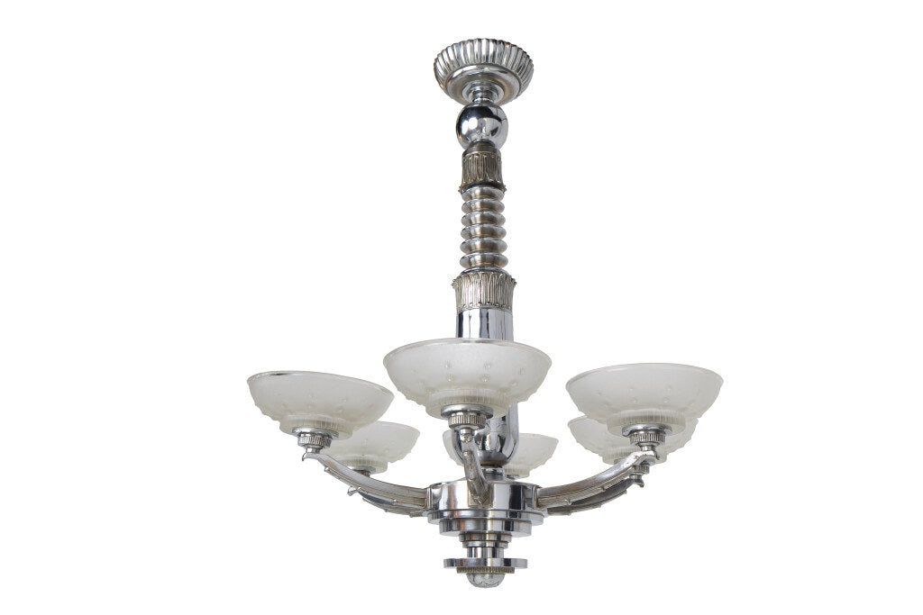 Nickeled Bronze And Molded Glass  Art Deco Chandelier  By "LELEU Default