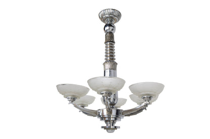 Nickeled Bronze And Molded Glass  Art Deco Chandelier  By "LELEU Default