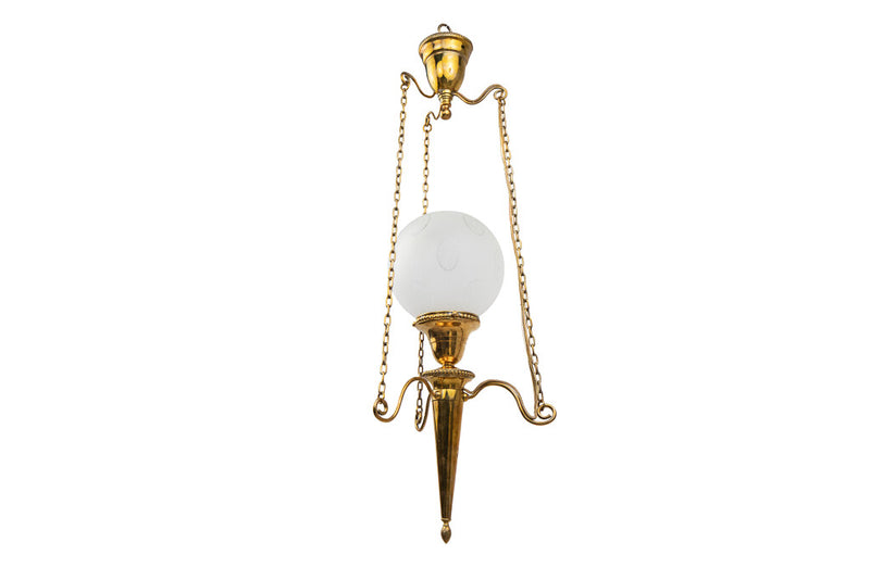 Brass And Frosted Etched Glass Edwardian Style Pendant Early 20t