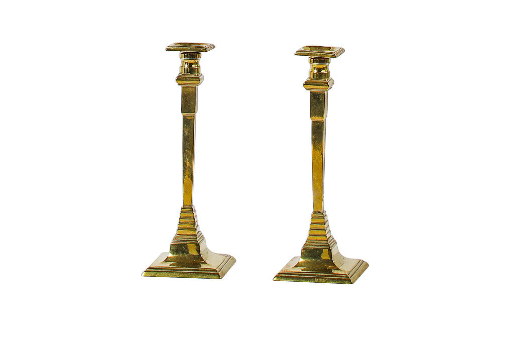 Brass Squared Column Edwardian  Candlesticks, England Early 20th Default
