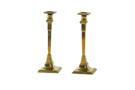 Brass Squared Column Edwardian  Candlesticks, England Early 20th Default