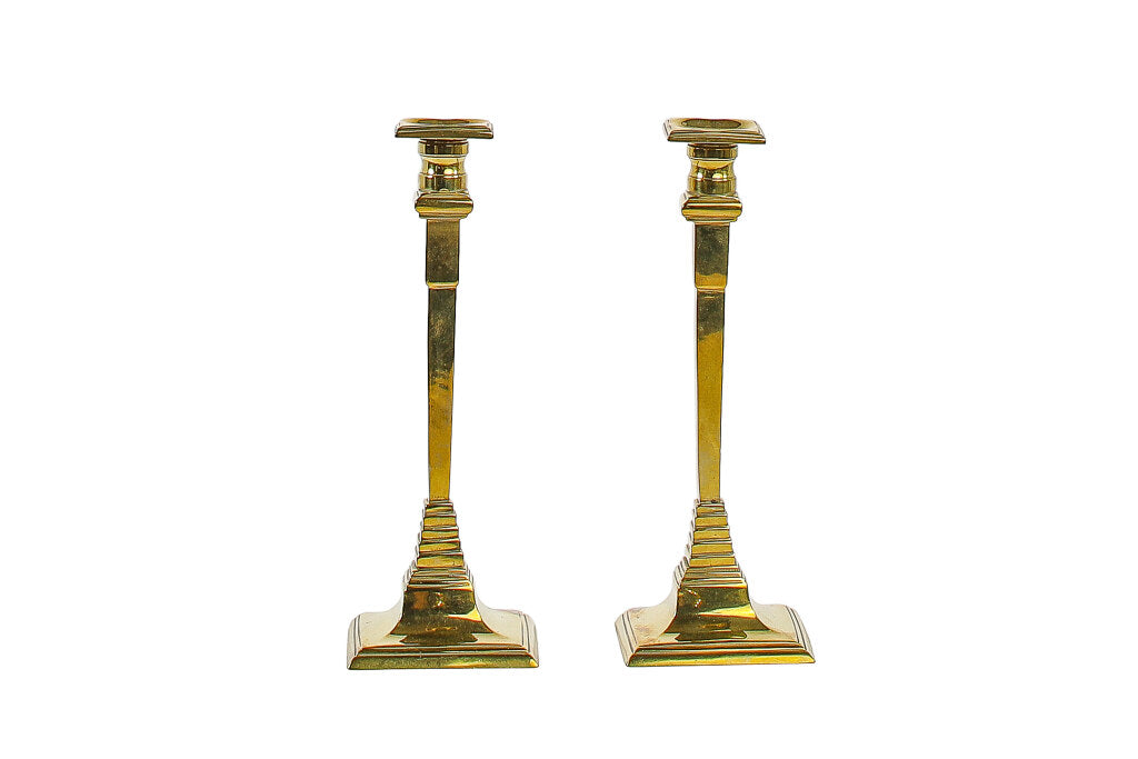 Brass Squared Column Edwardian  Candlesticks, England Early 20th Default