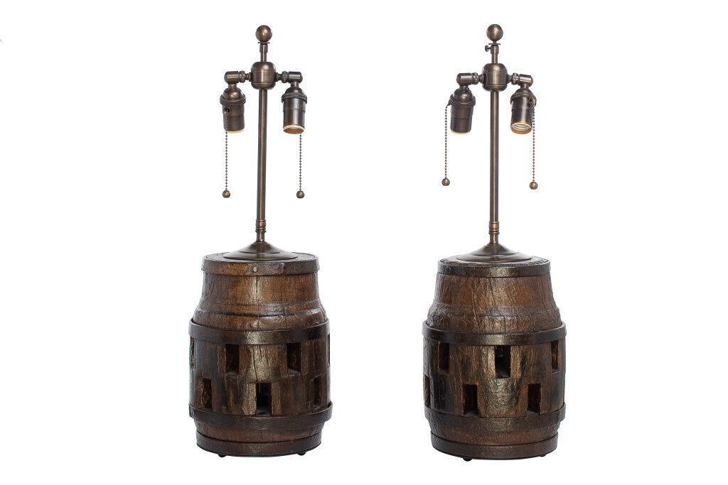 Wooden And Iron Wagon Wheel Cogs Mounted As Lamps, 19th Century Default