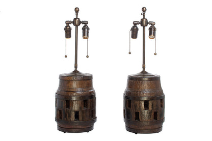 Wooden And Iron Wagon Wheel Cogs Mounted As Lamps, 19th Century Default