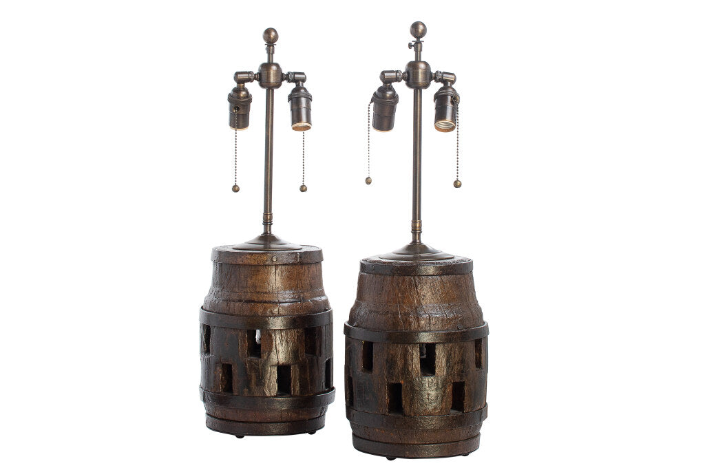 Wooden And Iron Wagon Wheel Cogs Mounted As Lamps, 19th Century Default