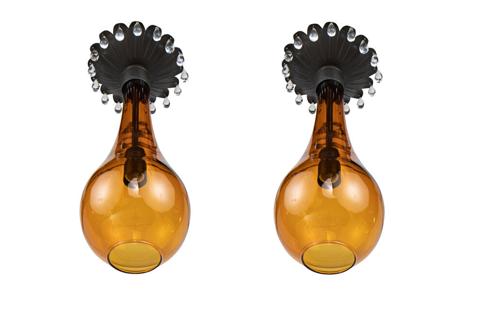 Hand Blown Amber Glass And Tole Pendants With Clear Crystal Trim Default