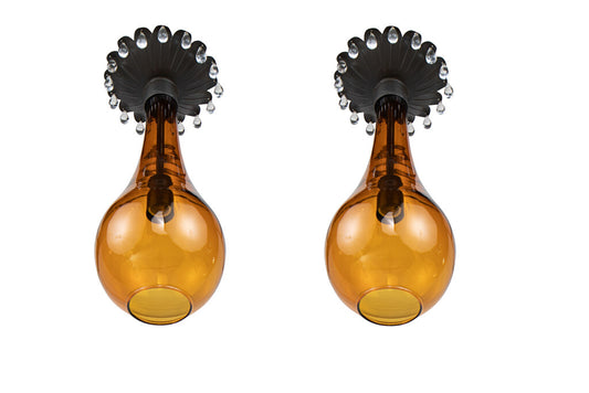 Hand Blown Amber Glass And Tole Pendants With Clear Crystal Trim Default