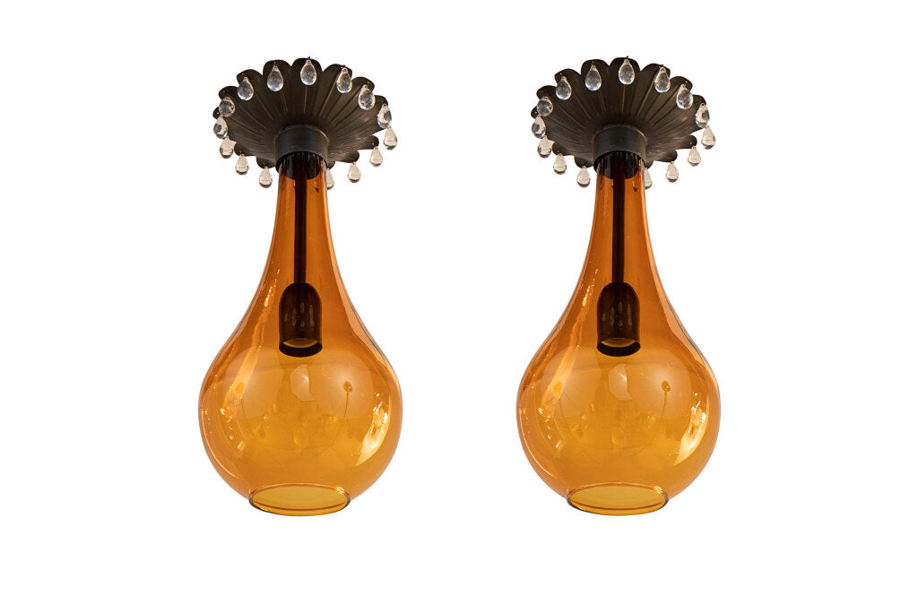 Hand Blown Amber Glass And Tole Pendants With Clear Crystal Trim Default