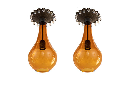 Hand Blown Amber Glass And Tole Pendants With Clear Crystal Trim Default