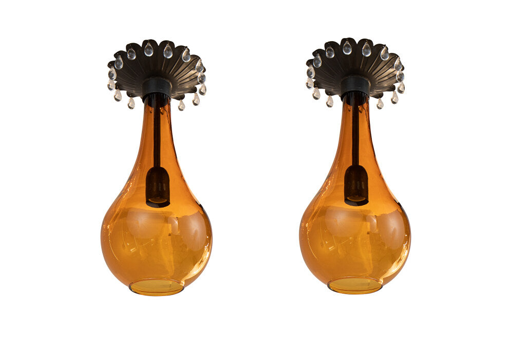 Hand Blown Amber Glass And Tole Pendants With Clear Crystal Trim Default