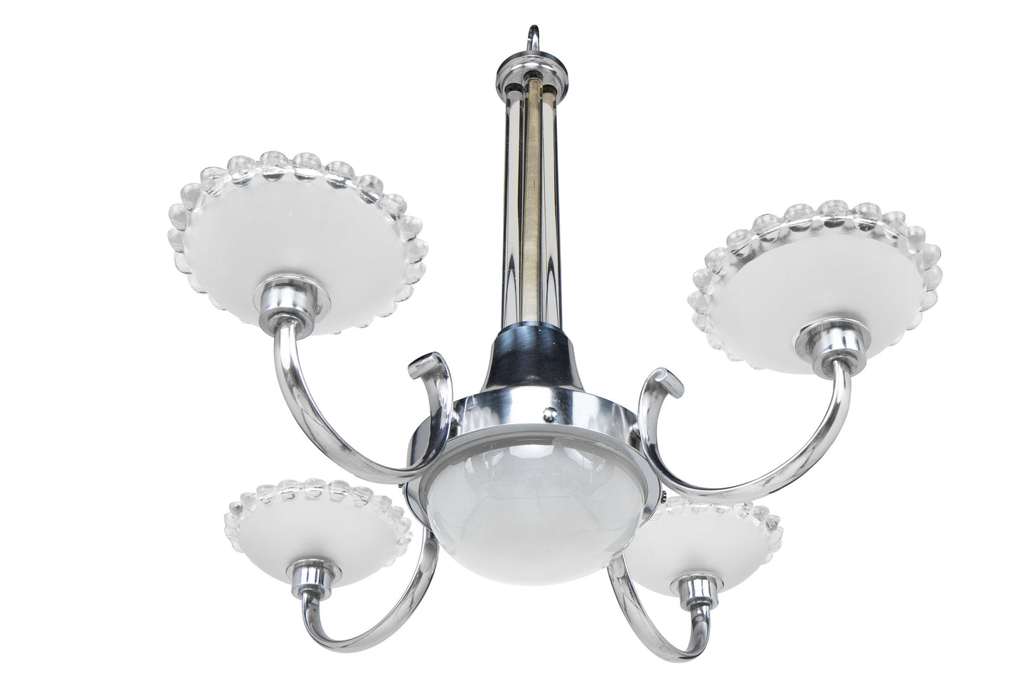 Polished Nickel And Molded Glass  Art Deco Five Light Chandelier
