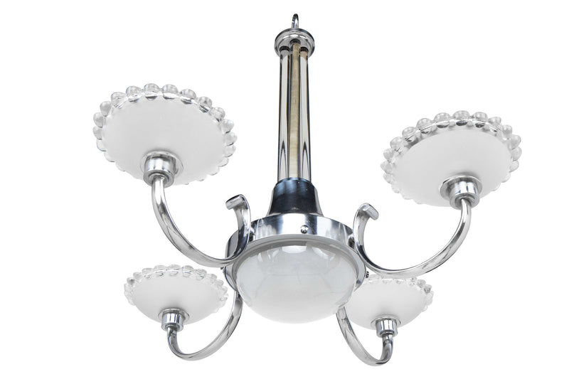 Polished Nickel And Molded Glass  Art Deco Five Light Chandelier