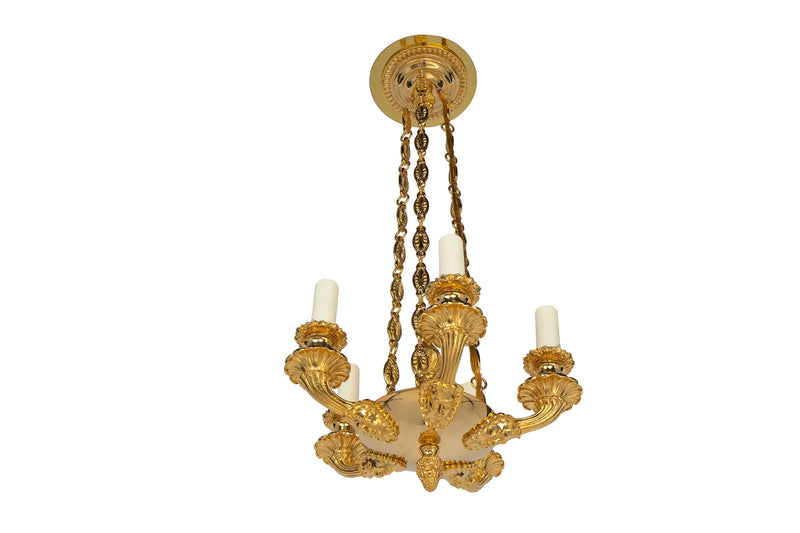 Gilt Bronze Five Light Empire Style Chandelier With Masks