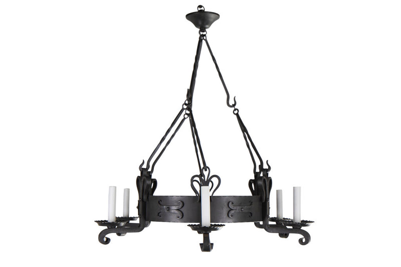 Hand Forged Iron Ring Gallery Six Light Chandelier With Crenella