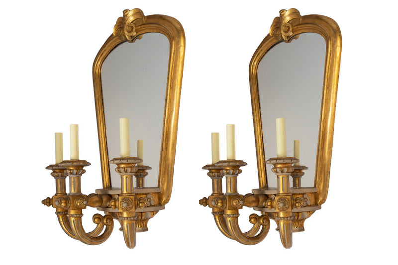 Giltwood, Gesso And Mirror Art Deco Style Three Light Sconces Wi