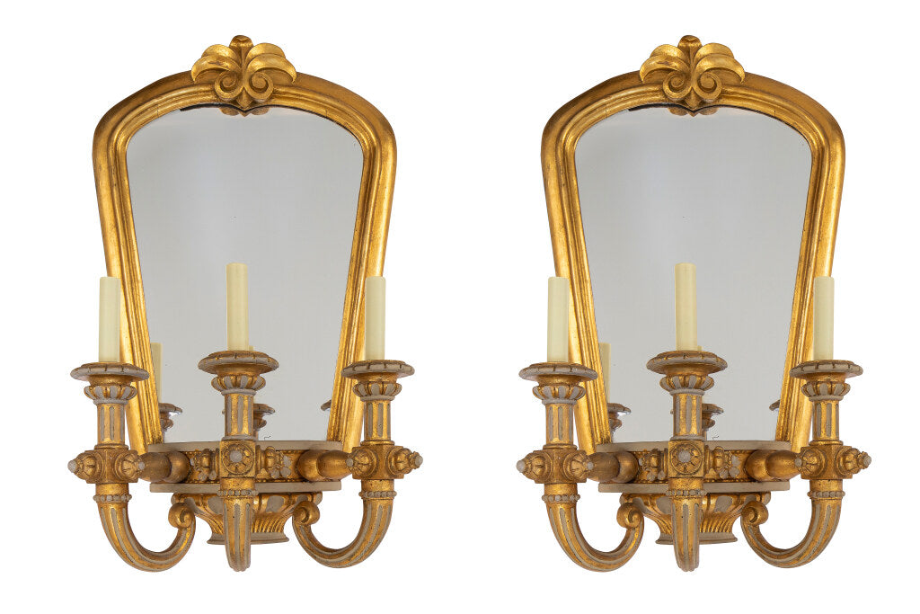 Giltwood, Gesso And Mirror Art Deco Style Three Light Sconces Wi Default