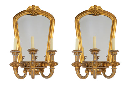 Giltwood, Gesso And Mirror Art Deco Style Three Light Sconces Wi Default