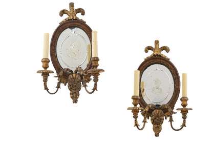 Walnut and Giltwood Georgian Mirrored Back Two Light Sconces, En Default