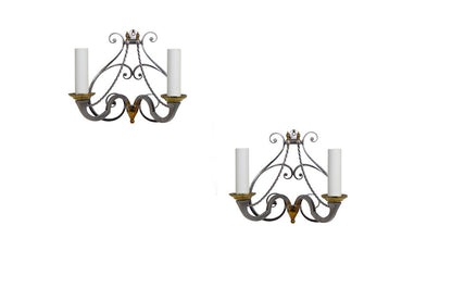 Polished Iron And Brass Two Light Scroll Work Sconces, Italy 20t Default