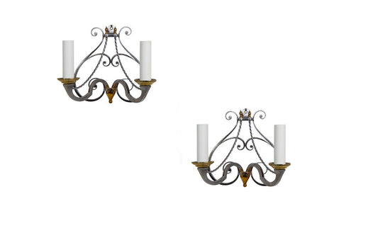Polished Iron And Brass Two Light Scroll Work Sconces, Italy 20t Default