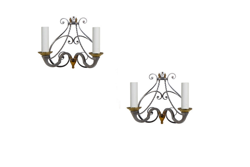 Polished Iron And Brass Two Light Scroll Work Sconces, Italy 20t