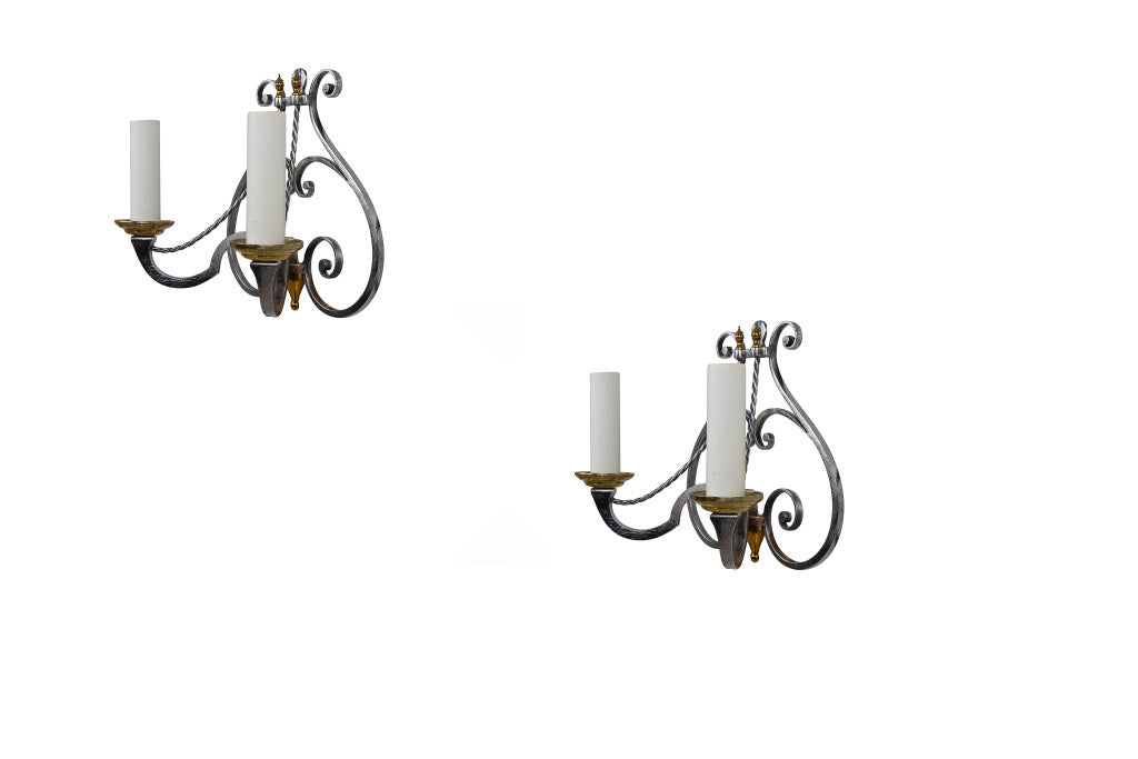 Polished Iron And Brass Two Light Scroll Work Sconces, Italy 20t Default