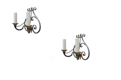 Polished Iron And Brass Two Light Scroll Work Sconces, Italy 20t Default