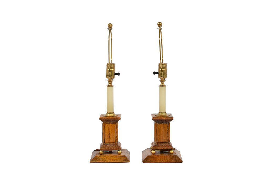 Oak And Brass Desk Lamps, Early 20th Century Default