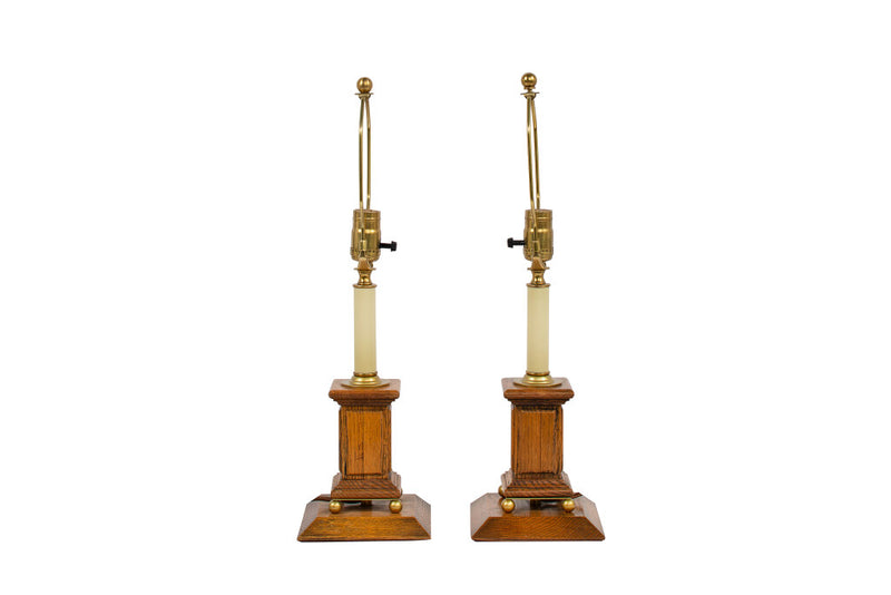 Oak And Brass Desk Lamps, Early 20th Century