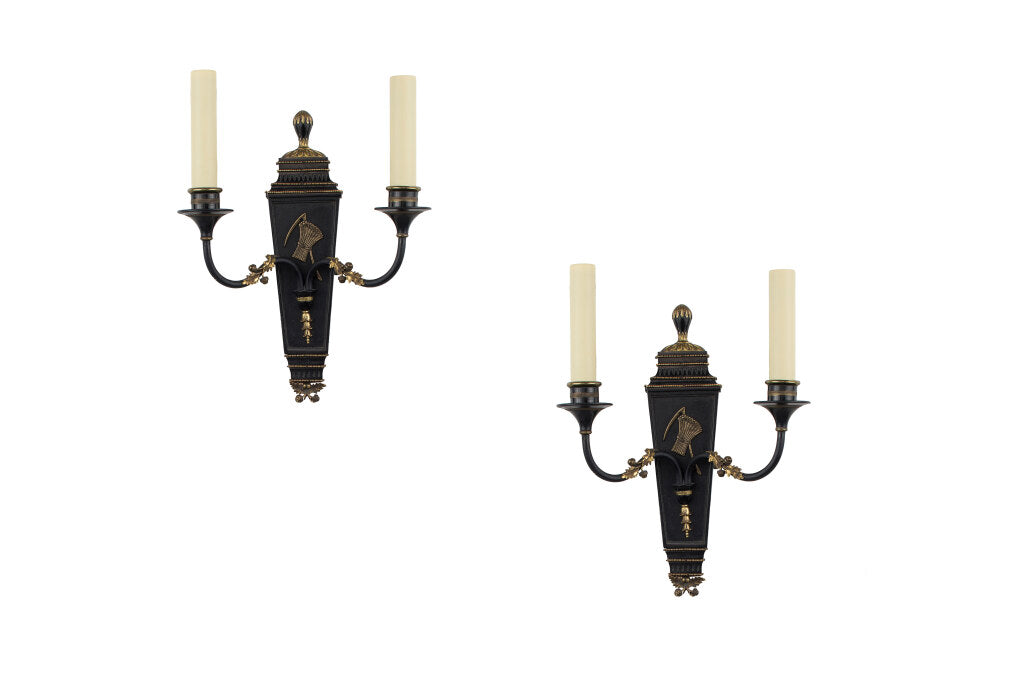 Painted Wood And Gilt Bronze Two Light 
Harvest Motif Sconces By Default