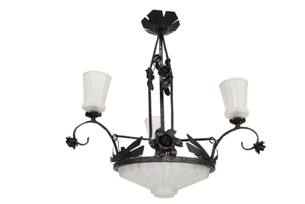 Molded Glass and Painted Iron Art Deco Three Arm Seven Light Cha Default