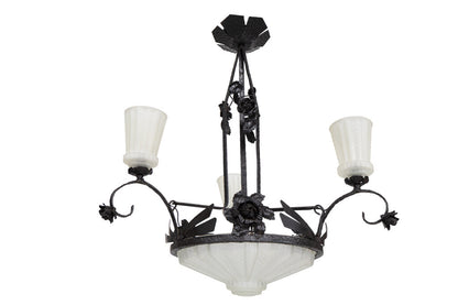 Molded Glass and Painted Iron Art Deco Three Arm Seven Light Cha Default