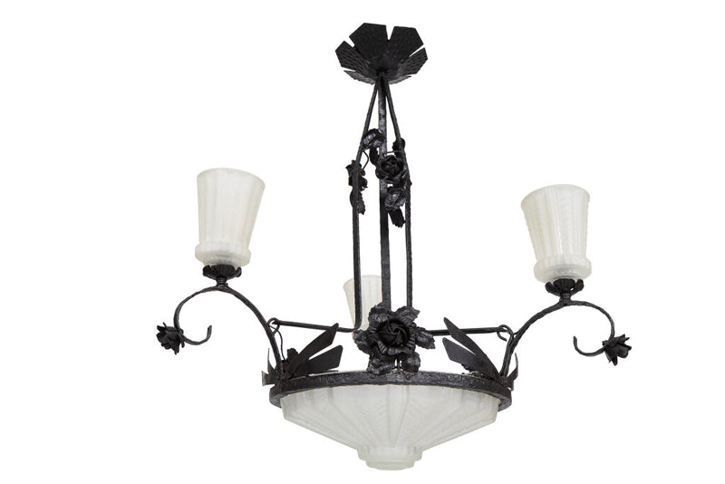 Molded Glass and Painted Iron Art Deco Three Arm Seven Light Cha