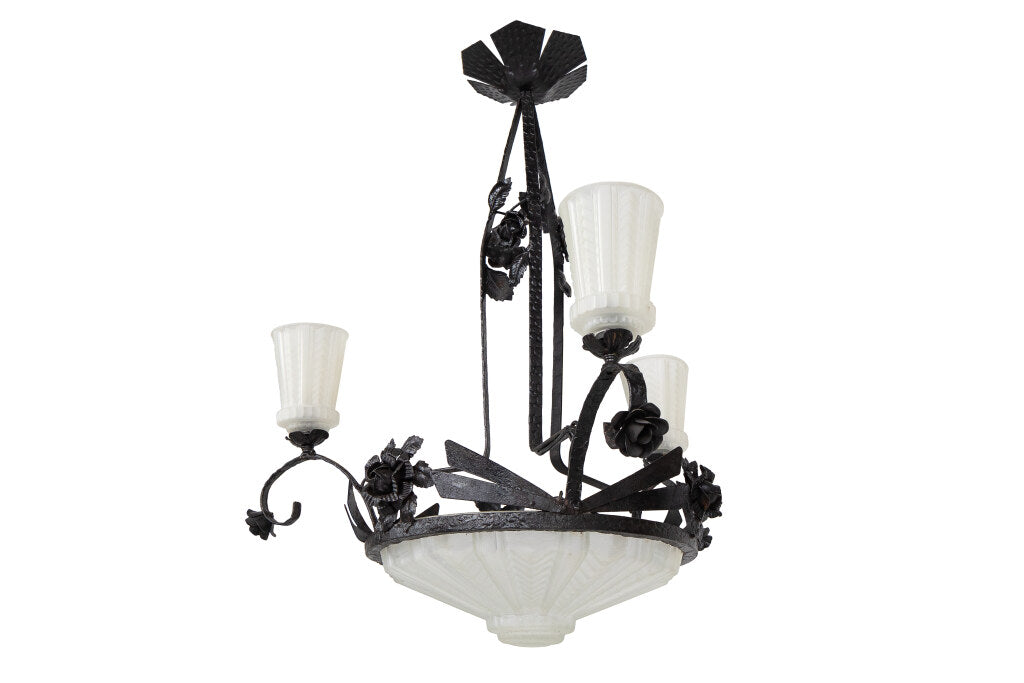 Molded Glass and Painted Iron Art Deco Three Arm Seven Light Cha Default