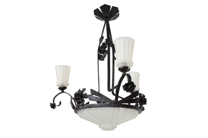 Molded Glass and Painted Iron Art Deco Three Arm Seven Light Cha Default